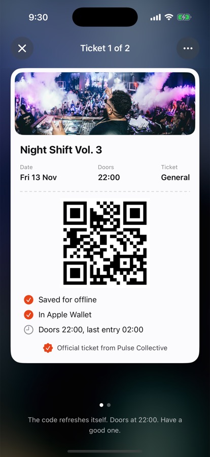 A Nightstub ticket for Night Shift Vol. 3 with its entry code, doors at 22:00.